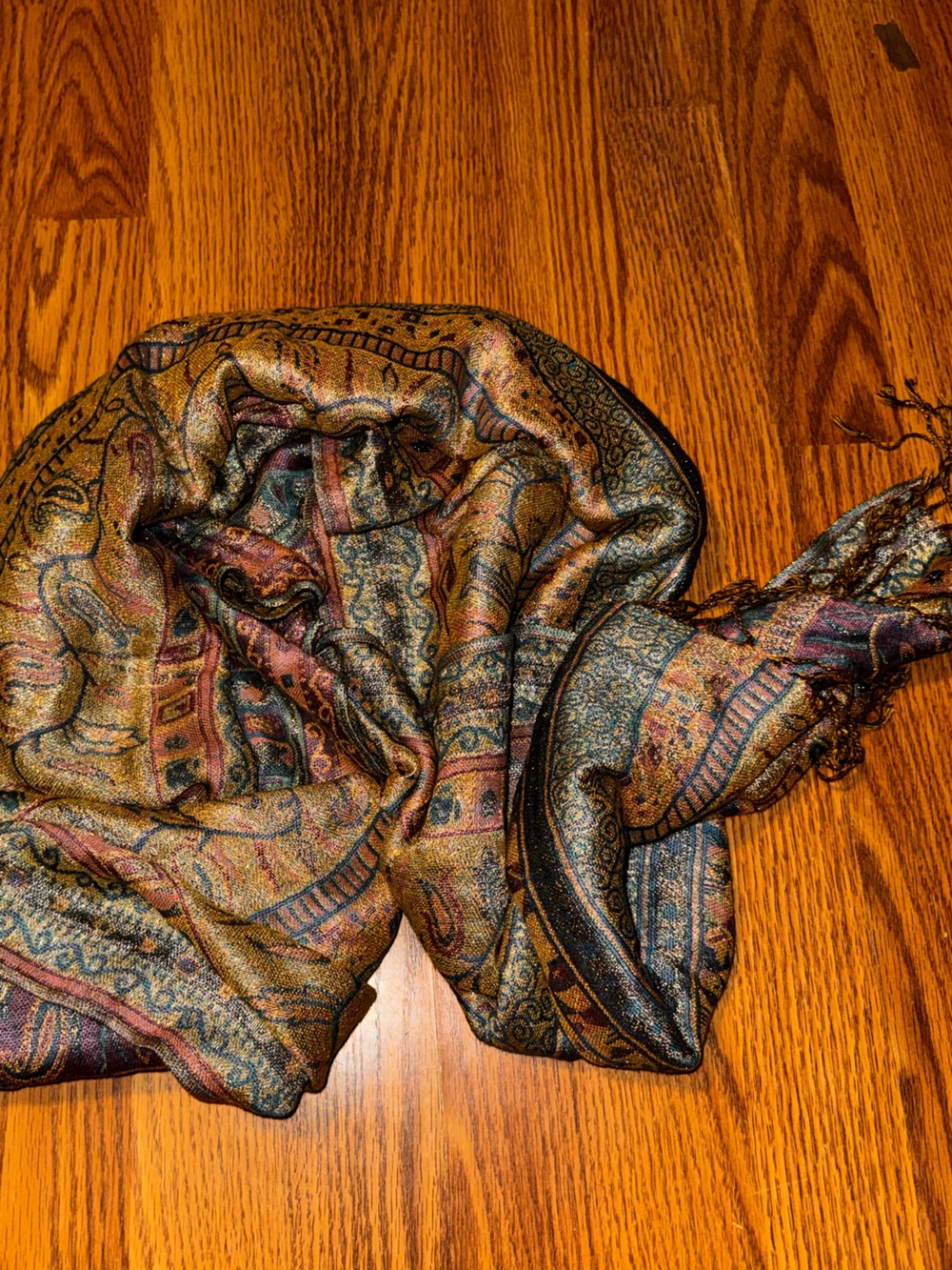 pashmina Multicolor Paisley Fringe Wrap in Gold, Teal, Rust 100% Pashima
